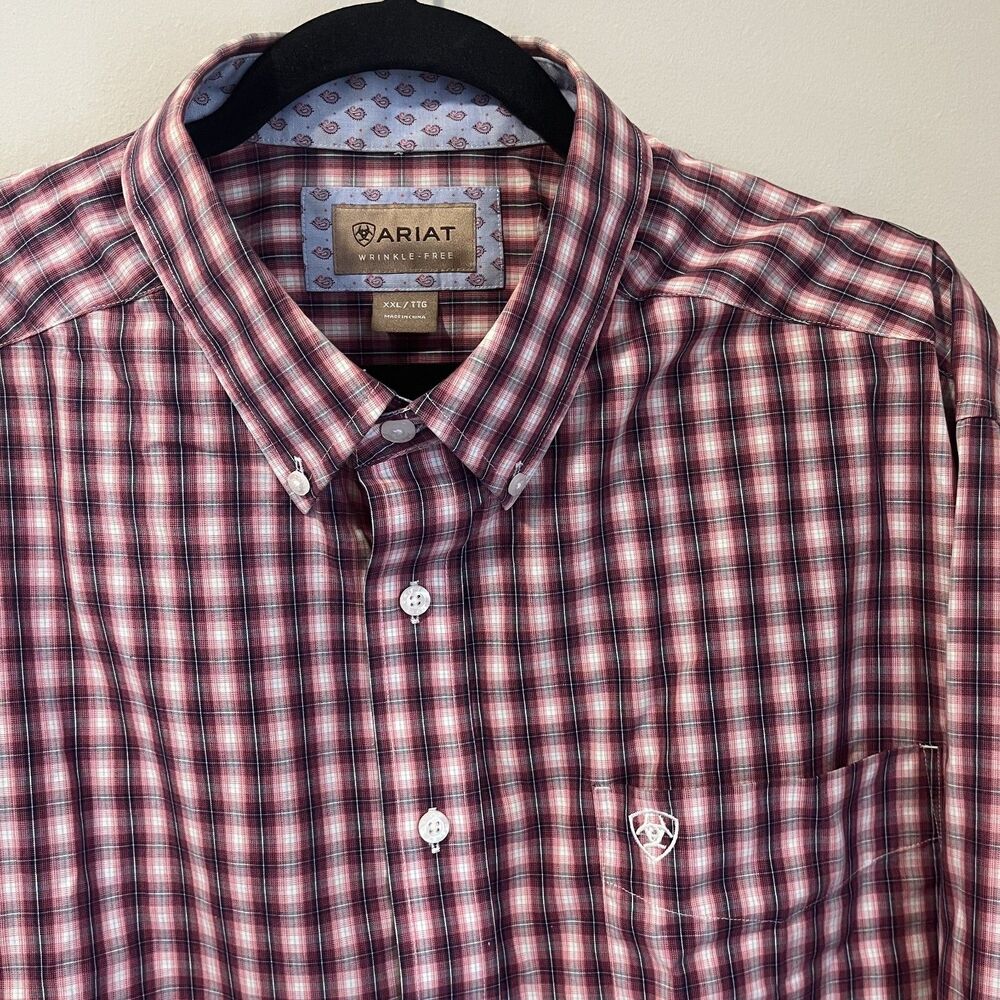 Ariat Mens XXL Wrinkle Free Plaid Button Down Shirt White Red Long Sleeve Rodeo - Picture 2 of 6